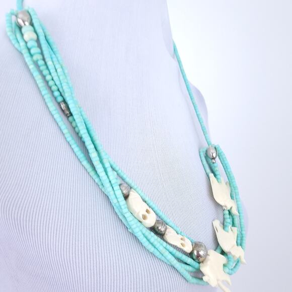 Layered Beaded Necklace Elephant, Blue White/Cream - Animal Theme - Picture 3 of 4